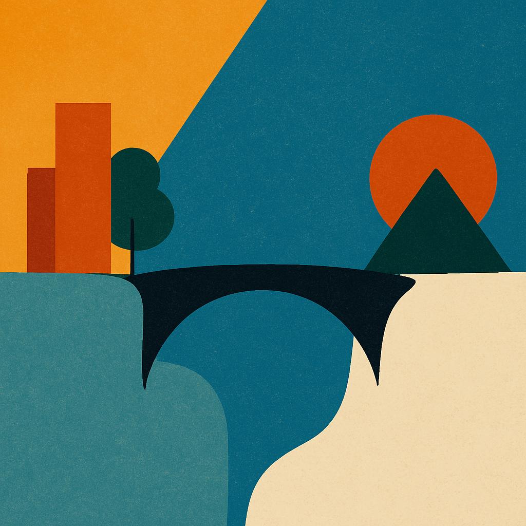 An abstract digital illustration depicting a bridge connecting two distinct platforms. On the left, a platform represents 