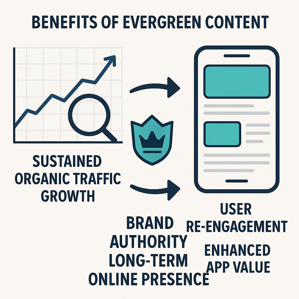 A clear, concise infographic-style illustration showcasing the multi-faceted benefits of evergreen content. On one side, a graph with an upward-trending, consistent line represents 'Sustained Organic Traffic Growth' from search engines, with a magnifying glass icon over it. On the other side, a smartphone screen displays engaging content feeds within a mobile app, symbolizing 'User Re-engagement' and 'Enhanced App Value'. Connecting these elements are arrows pointing towards a central concept of 'Brand Authority' or 'Long-Term Online Presence', represented by a stylized shield or crown icon. The style is clean, digital, and uses iconography to clearly convey the dual benefits for SEO and user retention, serving to visually summarize the article's arguments about visibility and engagement.