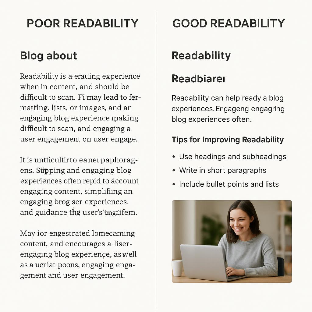 A side-by-side comparison of a blog post's readability and user experience. On the left, a 