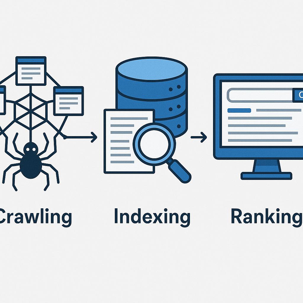 An infographic illustrating the three stages of how search engines work. On the left, a stylized spider bot is shown navigating a web of interconnected pages, labeled 'Crawling'. In the center, a large database server or organized stacks of data are depicted, with magnifying glasses over text, labeled 'Indexing'. On the right, a computer screen displays a search bar with a list of ranked search results, labeled 'Ranking'. Arrows connect these stages in a clear, sequential flow. The style is clean, modern, and digital with clear icons and text labels, using a tech-inspired color palette. The purpose is to provide a clear and concise visual summary of the fundamental search engine operations, enhancing comprehension for the reader.