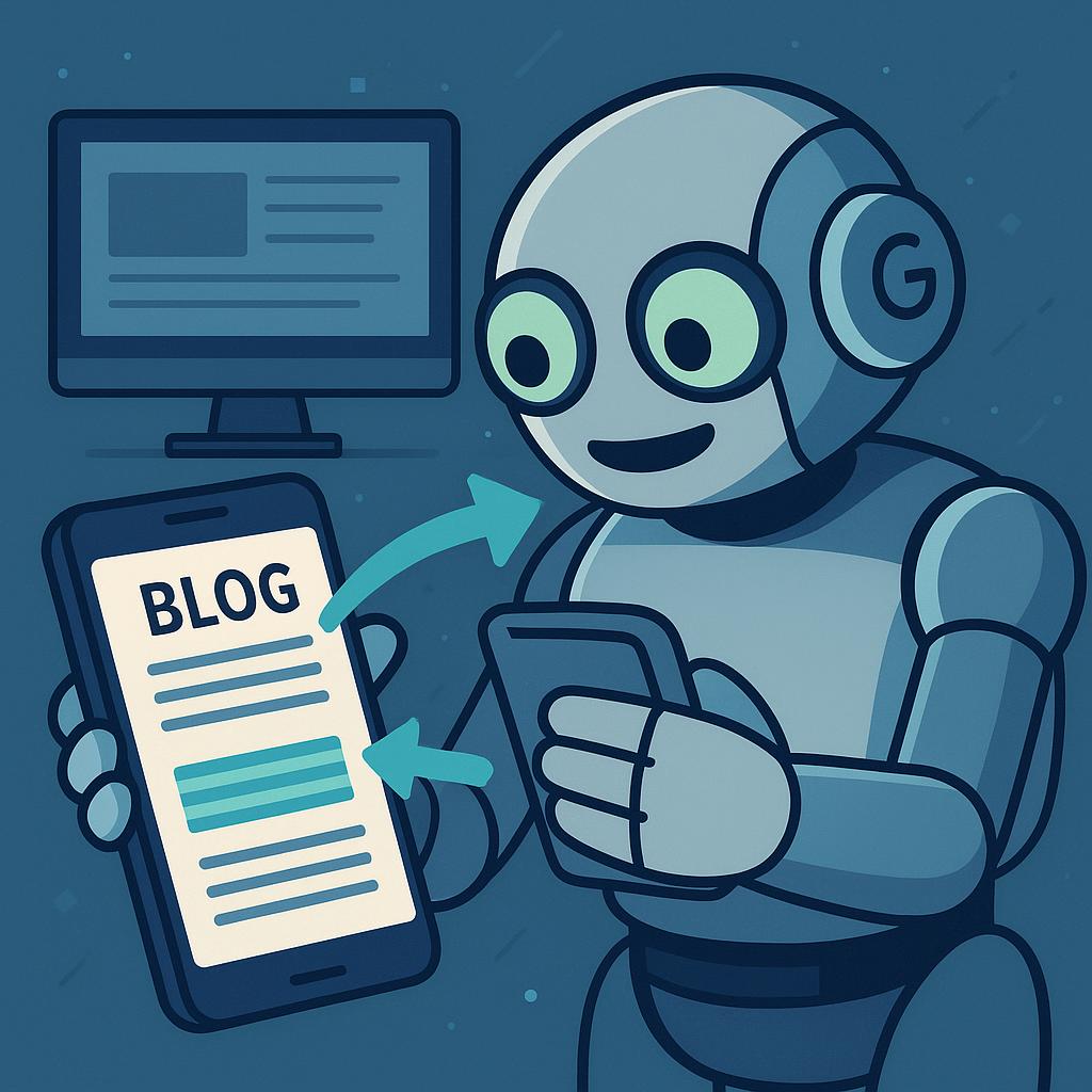 A stylized illustration depicting a large, friendly robot (representing Googlebot) intently focused on a smartphone screen, which displays a clean, readable blog post. In the background, a desktop monitor is visible but appears less prominent or slightly out of focus, symbolizing the shift in Google's indexing priority from desktop to mobile. Arrows connect the robot to the mobile screen, emphasizing primary interaction. Style: Modern, clean, flat design, with a digital and slightly futuristic feel. Use a color palette that evokes trustworthiness and technology, such as blues, greens, and grays. Context: To visually explain the core concept of mobile-first indexing.