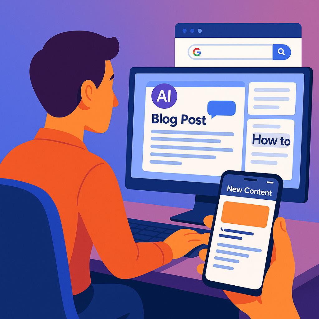 A vibrant, modern digital illustration showcasing a content marketer or business owner sitting at a desk, looking at a computer screen displaying an AI-powered content generation interface. On the screen, a partially drafted blog post is visible, with hints of AI suggestions or optimizations. To subtly convey SEO benefits, a search engine results page with a high-ranking blog post title is visible on a separate monitor or as an overlay. In the foreground, a hand holds a smartphone, displaying fresh, engaging content within a mobile app interface, emphasizing re-engagement. The overall style is clean, professional, and visually represents the synergy between human creativity and AI efficiency, highlighting how technology streamlines content creation and distribution across platforms.