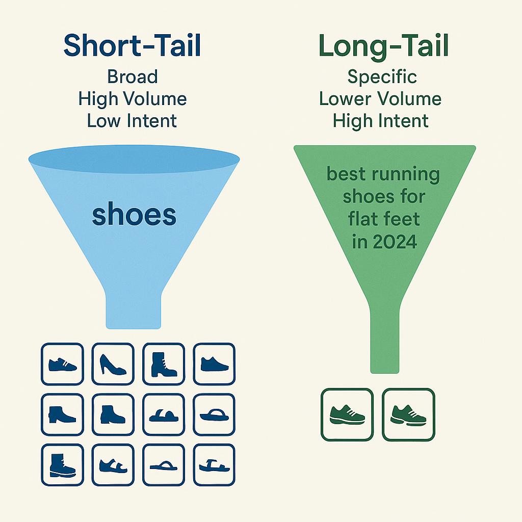 A visual metaphor illustrating the concept of long-tail vs. short-tail keywords. On one side, a broad, short keyword like 
