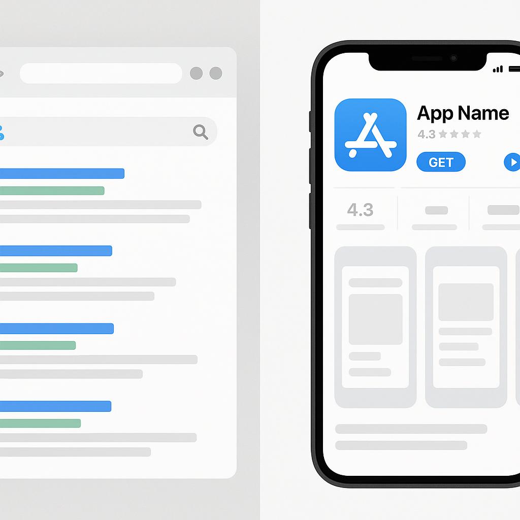 A split image showing a web browser displaying a search engine results page (SERP) on one side, and a mobile phone screen displaying an app store listing page with app icon, title, and screenshots on the other. The style is clean, modern digital interface design. This image visually clarifies the distinct platforms for SEO and ASO, helping readers quickly grasp where each optimization strategy operates.