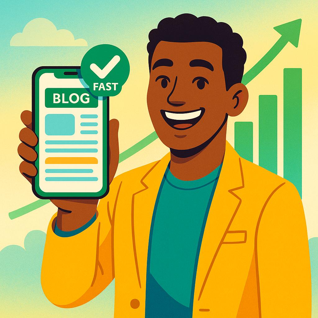 An illustration showing a successful, smiling startup founder (or indie maker) holding a smartphone that displays a perfectly optimized, fast-loading blog post. In the background, subtle elements like rising bar charts or an upward-trending graph represent increased organic traffic and improved search engine rankings. The overall scene conveys growth and success directly linked to mobile optimization. Style: Vibrant, encouraging, and professional character illustration. Colors are uplifting and positive, like greens, yellows, and light blues, signifying growth and success. Context: To visually represent the positive impact and benefits of implementing mobile-first indexing strategies.