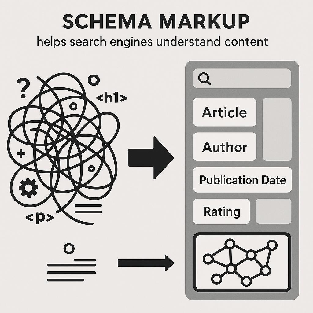 A conceptual infographic illustrating how schema markup helps search engines understand content. On the left, a chaotic tangle of text and symbols represents unstructured website data. An arrow points towards the center, where distinct, labeled blocks of information (e.g., 