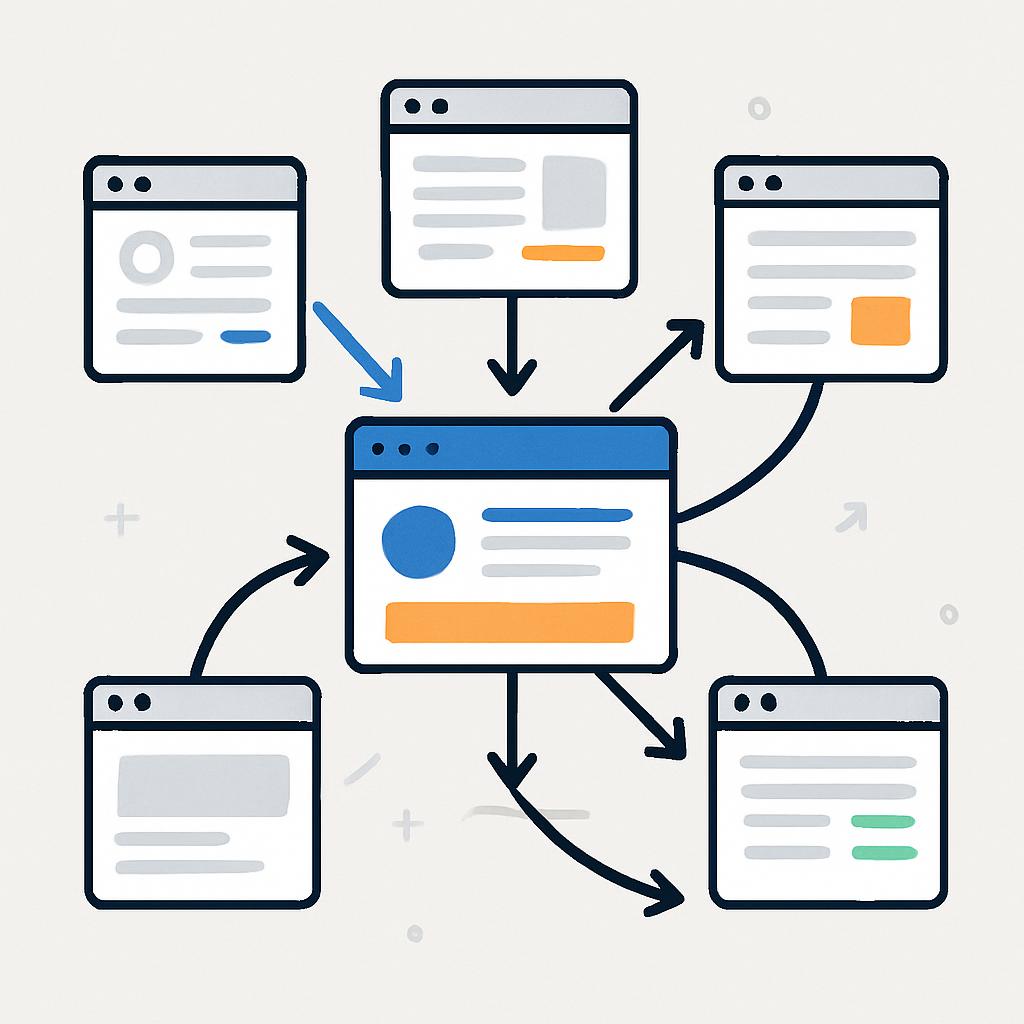 An illustration depicting a network of interconnected websites. A central website is prominently featured in the middle, with multiple arrows pointing towards it from other diverse websites, symbolizing inbound links or backlinks. Some arrows could be thicker or brighter, representing higher quality links. The overall style should be clean, modern, and digital, conveying the concept of digital recommendations and endorsements in the online ecosystem. The purpose is to visually explain what inbound links are and how they connect different websites, making the abstract concept more concrete for the reader.