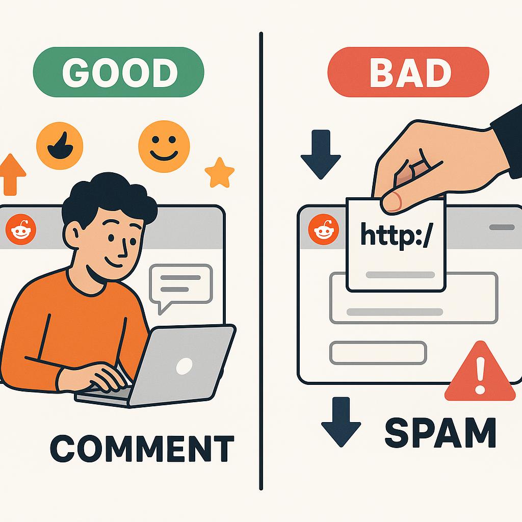An illustrative image contrasting two approaches to Reddit engagement. On the left, a 