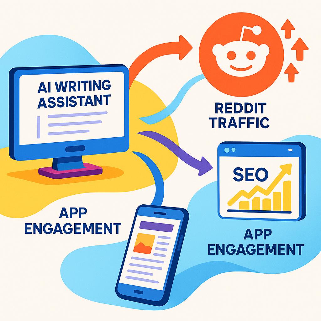 A vibrant, modern infographic or isometric illustration depicting a content ecosystem flow. The central focus is a computer screen showing an 