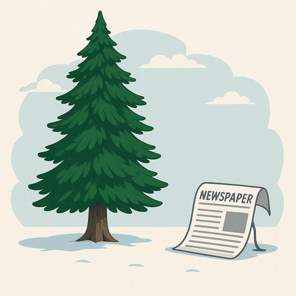An illustration depicting a majestic, vibrant evergreen tree with deep green leaves, standing tall and resilient through changing seasons (e.g., snow on the ground, but tree remains green), symbolizing enduring relevance. In contrast, in the background, there is a small, wilting newspaper, representing fleeting, time-sensitive content. The image uses a clean, modern, slightly illustrative or infographic style to convey the core concept of evergreen content's longevity versus ephemeral content's short shelf life, aiming to visually reinforce the article's central theme.
