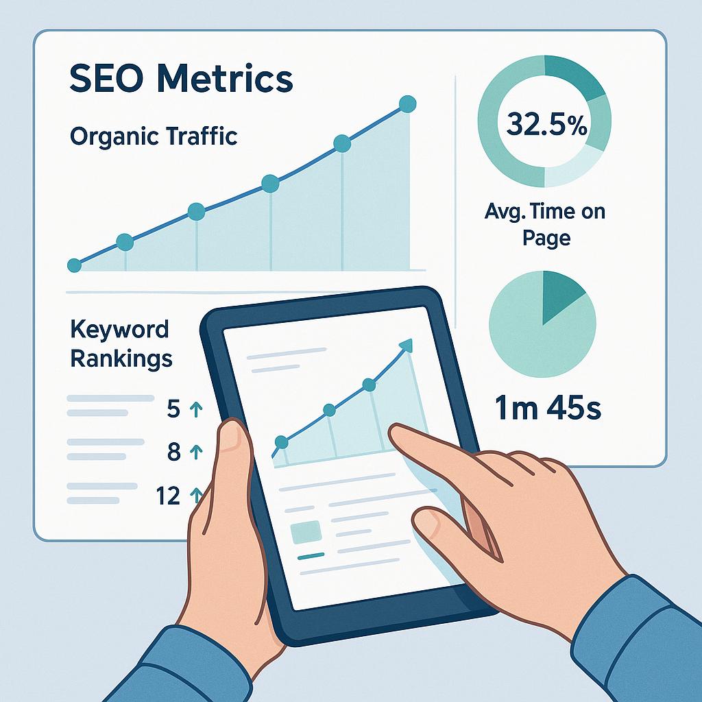 A digital dashboard display showing various SEO metrics like organic traffic trends, bounce rate, average time on page, and keyword rankings, with data points highlighted. In the foreground, hands are interacting with a tablet, symbolizing the analysis of content performance. The style is modern, clean, and data-driven, using soft blue and green hues to indicate growth and potential. The image aims to visually represent the comprehensive data analysis involved in a content audit for identifying high-potential articles.