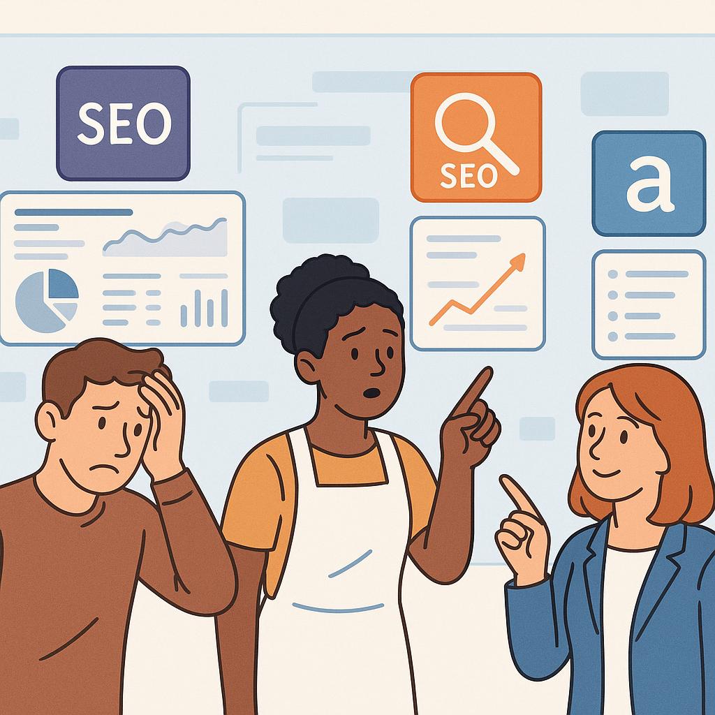 A diverse group of individuals (representing a small business owner, a freelancer, and a marketing manager) are depicted looking at a spread of different digital tool icons and interfaces on a large virtual screen. Some individuals appear slightly stressed or overwhelmed by a complex, multi-featured tool, while others look more focused and relieved, pointing towards simpler, more specialized tools. The background subtly hints at a modern digital workspace. The image is illustrative, clean, and uses a balanced color palette to convey the contrast between complexity and finding the right fit, visually representing the varied needs and preferences for SEO tools. vector 2d style