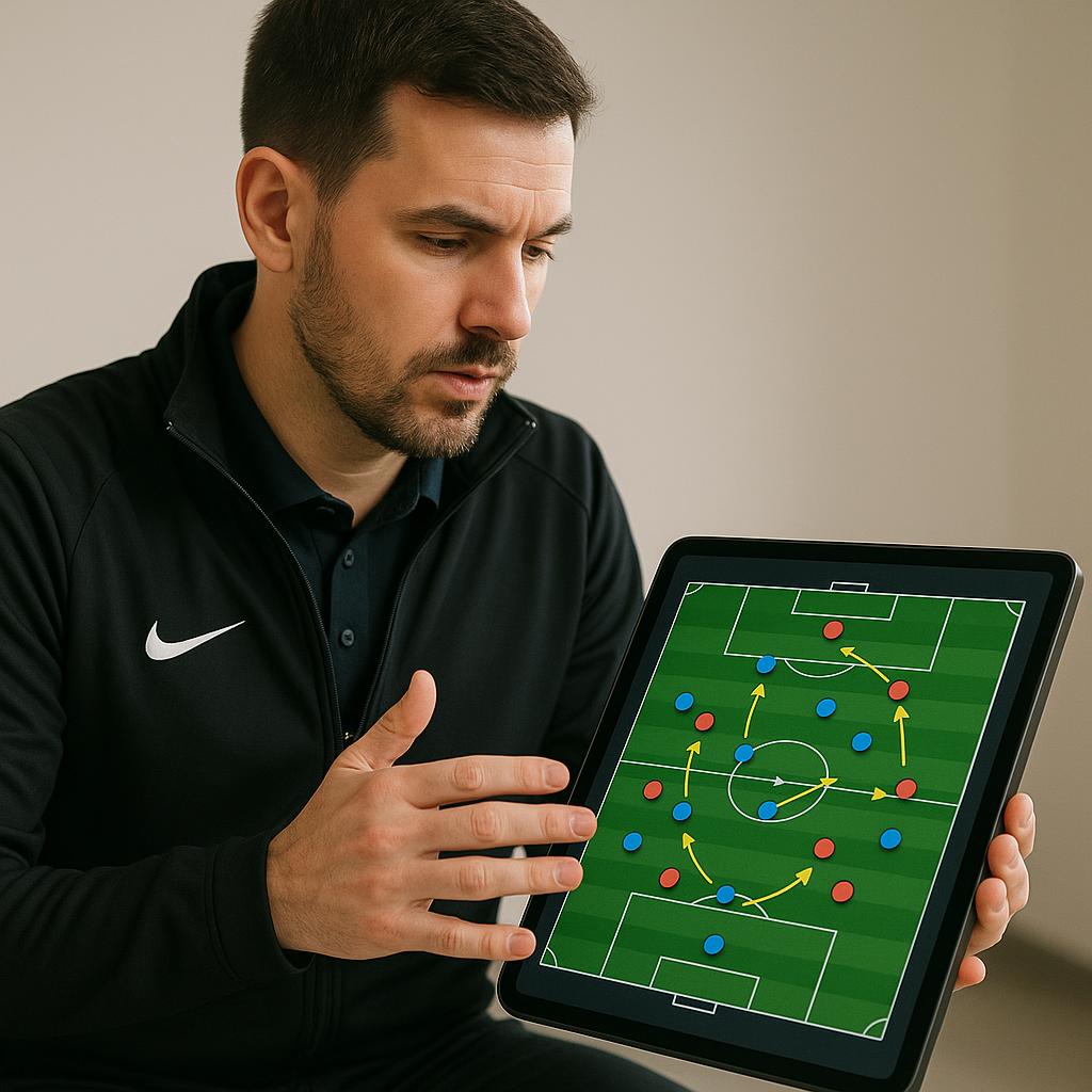 Image content: A modern soccer coach, a male in his 30s-40s, is intently focused on a large tablet or portable screen, using a digital coach board application. The screen displays a clear, colorful soccer field diagram with animated player movements and tactical lines, resembling a digital tactical board. The coach is gesturing slightly with his other hand, as if explaining something, and could be in a training session setting or a coaching room. Style: Clean, modern, and professional, emphasizing the technological aspect with a sleek interface design and focused, engaging human interaction. Context: This image directly illustrates the article's discussion about leveraging technology in coaching, specifically digital coach boards for visual instruction. Purpose: To visually reinforce the effectiveness of modern coaching tools, showing how technology can simplify the explanation of complex tactics and player movements, making the article's recommendation of tools like the SPLY app more tangible and appealing.