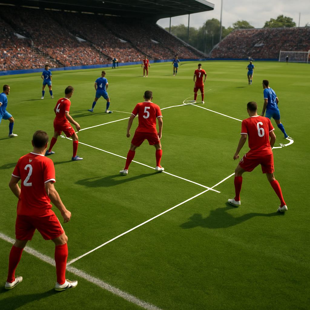 A dynamic, wide-angle shot of a soccer field during a match, showing players from one team in perfectly coordinated offensive or defensive positions. Highlighted players are strategically spaced, demonstrating effective positioning to either cut off passing lanes or create attacking opportunities. The image should convey fluidity and intelligent movement, emphasizing how good positioning contributes to anticipation and control. The style should be realistic and engaging, capturing the essence of strategic play.