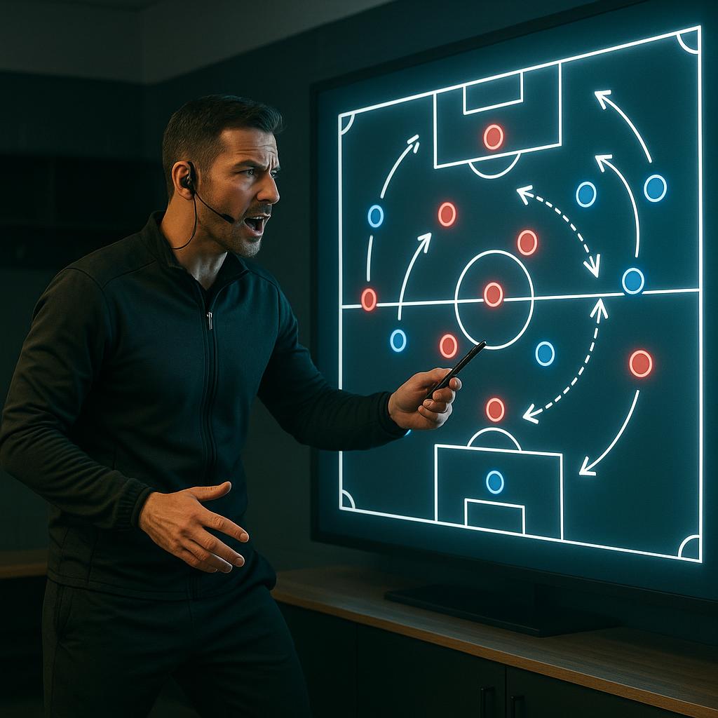 A dynamic scene depicting a modern soccer coach, dressed in athletic wear, standing confidently in front of a large, glowing virtual tactical whiteboard. The screen displays a clear, interactive soccer pitch with player icons from a 4-2-3-1 formation, showing animated movement paths and strategic arrows to illustrate a specific tactical play or defensive shift. The coach is actively gesturing towards the board, perhaps with a stylus, and appears to be speaking, possibly through a headset. The background suggests a modern team meeting room or locker room, with a focused and educational atmosphere. This image emphasizes the use of technology in explaining complex tactical concepts and player interactions.