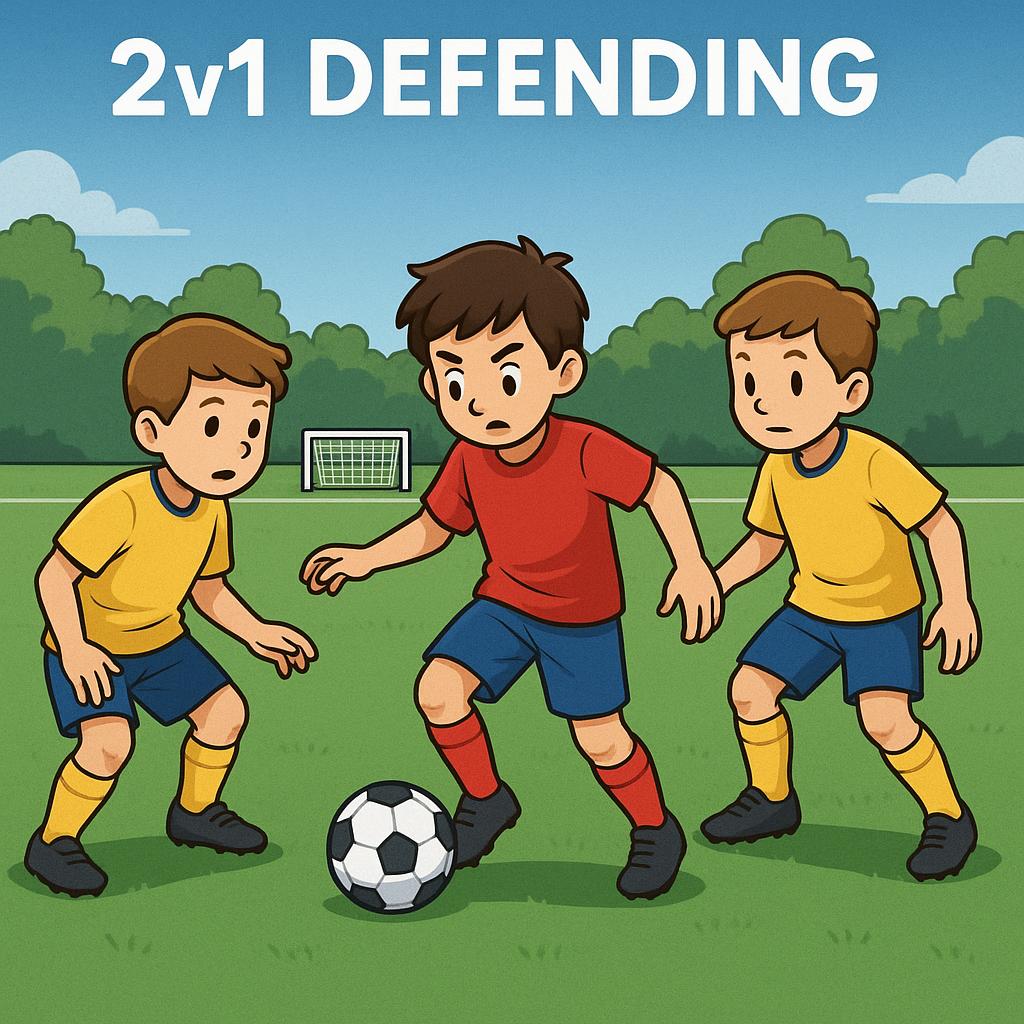 Two U10 soccer players (defenders) demonstrating the 'pressure and cover' defensive concept against one U10 attacker with the ball. One defender is actively pressuring the attacker, closing down space, while the second defender is positioned slightly behind and to the side, providing cover and ready to intercept or support. The setting is a youth soccer field with a small goal in the background. The image clearly illustrates the tactical positioning and teamwork involved in the '2v1 Defending' drill, highlighting defensive compactness and balance in a dynamic and educational style.