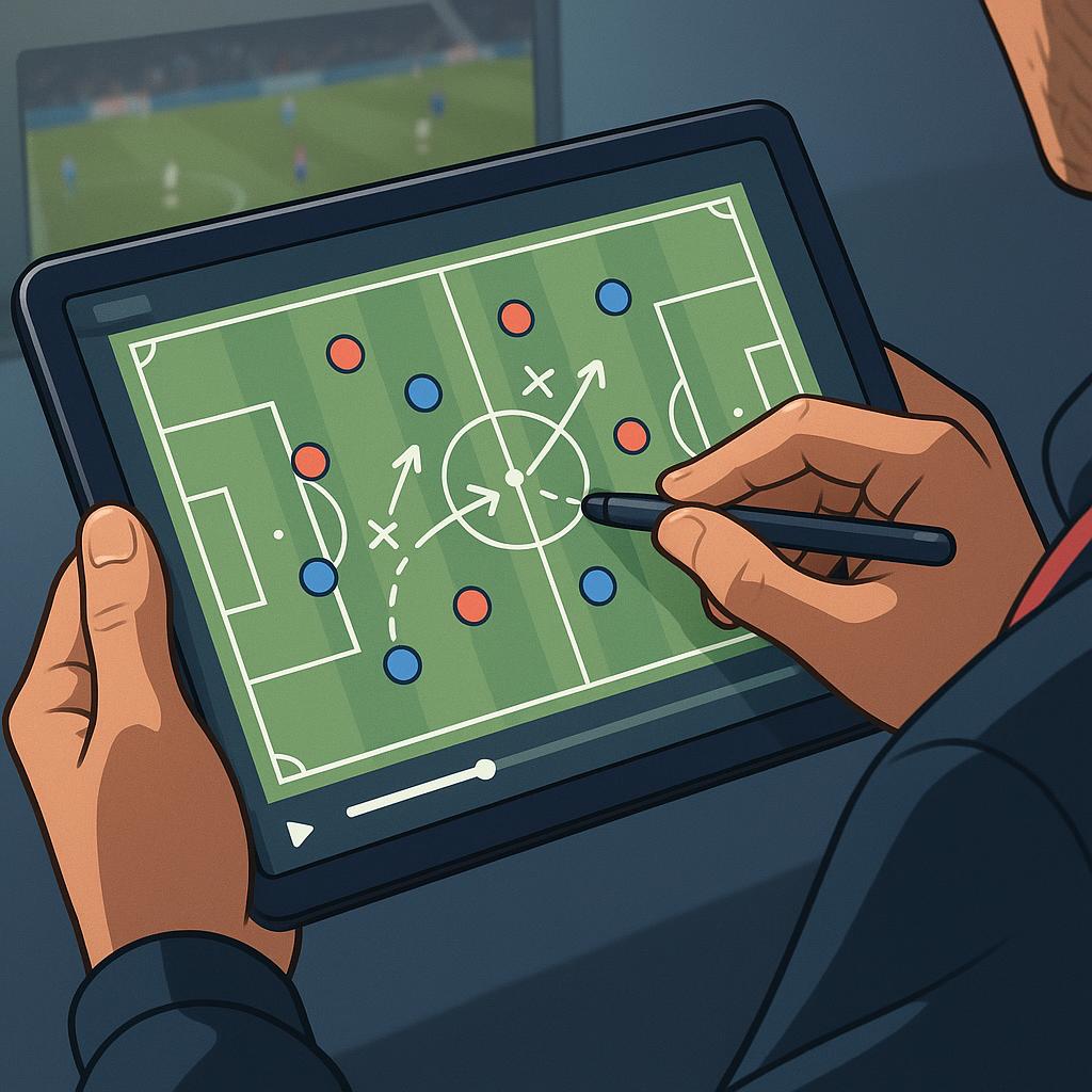 A dynamic close-up of an amateur soccer coach's hands interacting with a tablet. On the tablet screen, a soccer field is displayed with players' positions, and the coach is actively drawing tactical lines, arrows, or moving player icons using their finger or a stylus. A subtle indication of a video paused in the background or a frame from a match can be seen. Style: Modern, clean, and professional digital illustration or photo focusing on the tablet interface and the coach's engagement. The lighting should emphasize the screen and the interaction. Context: This image directly illustrates the 
