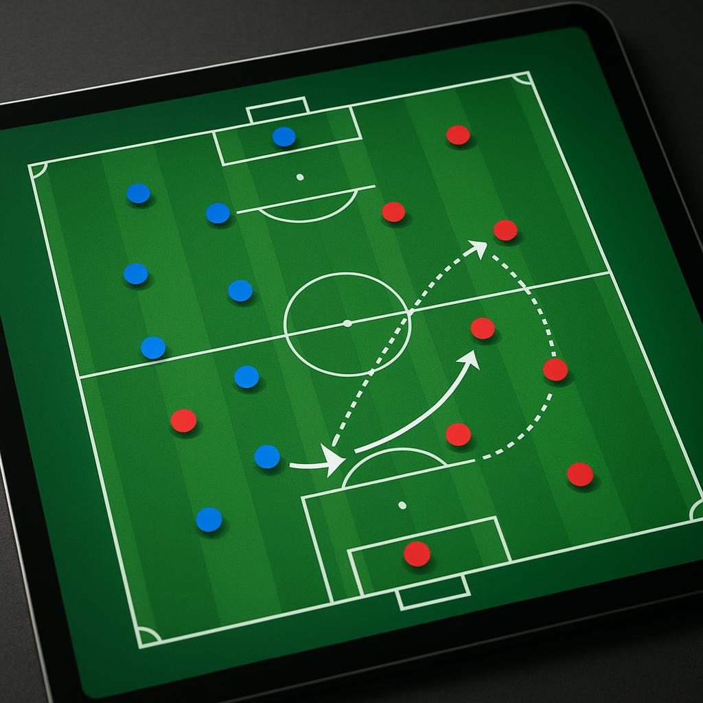A detailed view of a modern virtual soccer board displayed on a tablet screen, showing an animated tactical play. The board features a digital soccer pitch with blue and red player icons, intricate animated arrows indicating player movements and ball passes, and dotted lines showing off-the-ball runs for an attacking sequence. The screen is vibrant and clean, highlighting the clarity and dynamic visualization capabilities of the tool. The purpose is to visually represent the core benefit of a virtual soccer board: making complex tactics clear and easy to understand through animation and clear player positioning.