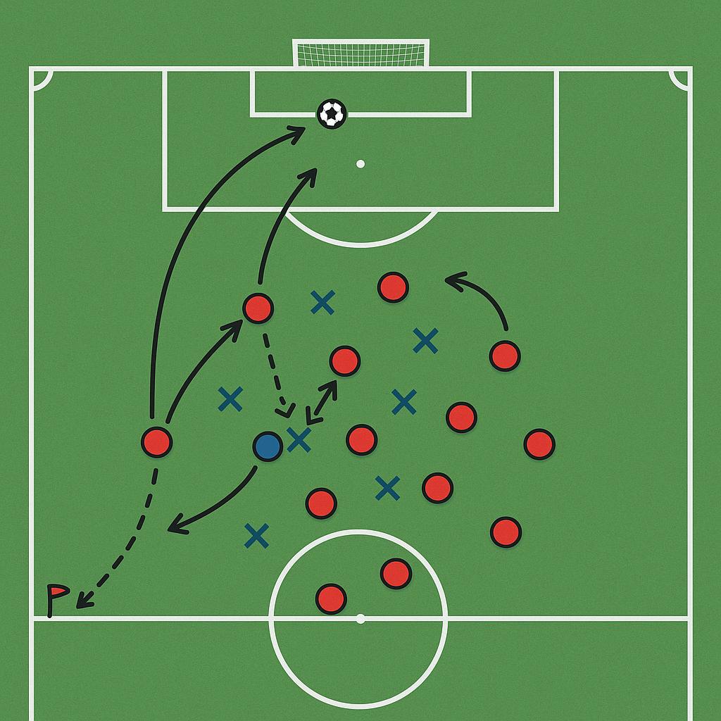 A detailed top-down tactical diagram of a soccer field during a corner kick. The attacking team's players are shown with clear arrows indicating specific, coordinated movement patterns towards the goal, demonstrating a near-post run and a far-post attack simultaneously. One attacking player is setting a screen, while another prepares for a rebound. Defenders are shown reacting to these movements, looking somewhat confused. The ball is in mid-air, delivered from the corner arc with a curved trajectory. The style is clean, modern, and digital, typical of a professional coaching board, using clear lines and symbols to represent players and ball movement. This image serves to visually explain complex player movement and tactical variations, making the abstract concepts of corner kick routines tangible and easier to grasp for the reader.