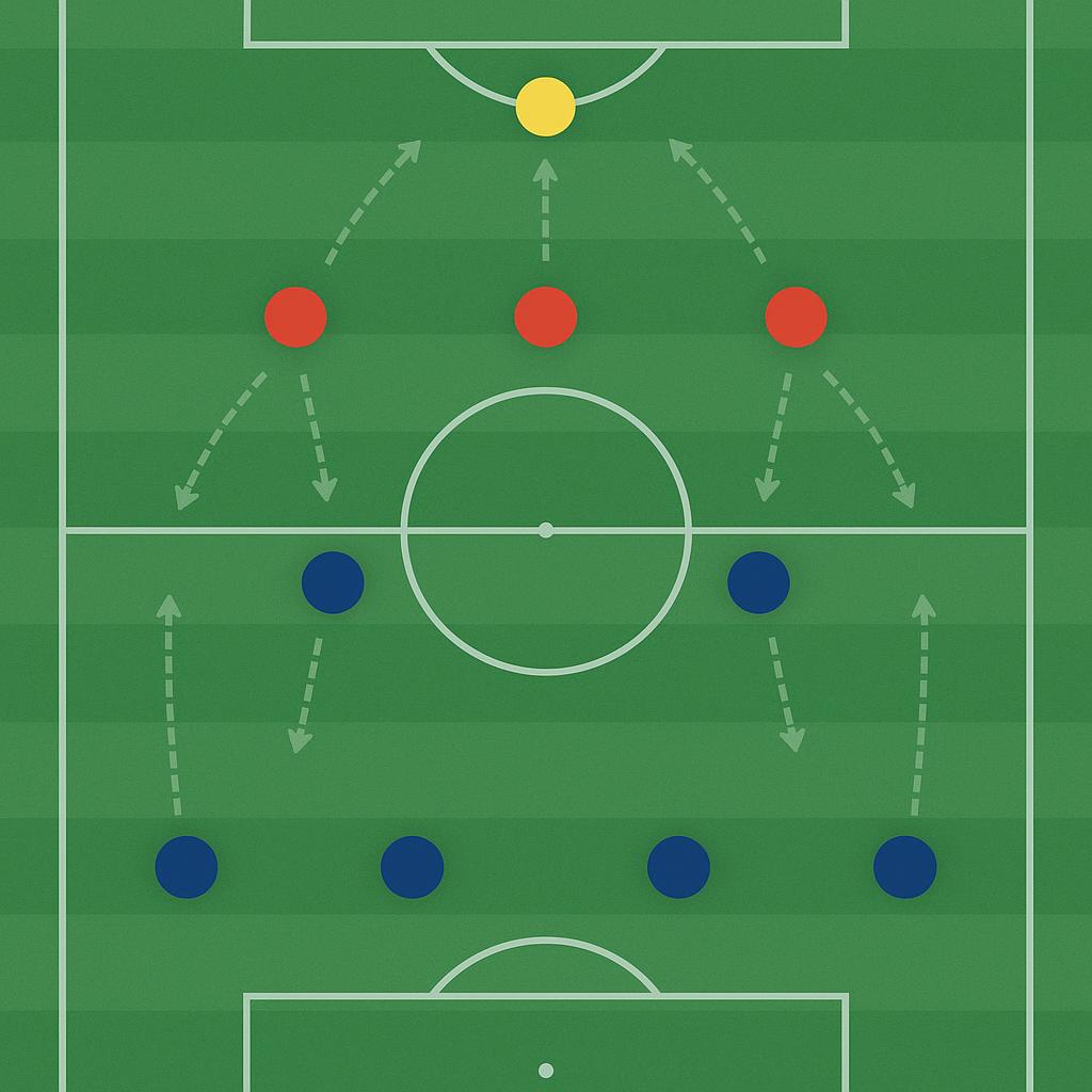 A clear, top-down tactical diagram of a soccer field showing players positioned in a 4-2-3-1 formation. The pitch is green with white lines, and player icons (simple circles or abstract figures) are color-coded (e.g., defenders blue, defensive midfielders dark blue, attacking midfielders red, striker yellow) to differentiate lines. Subtle, dashed lines or arrows indicate typical passing lanes or defensive zones, highlighting the balance between defensive solidity and attacking potential. The style is clean, modern, and minimalist, serving to visually introduce the core concept of the formation before detailed role descriptions.