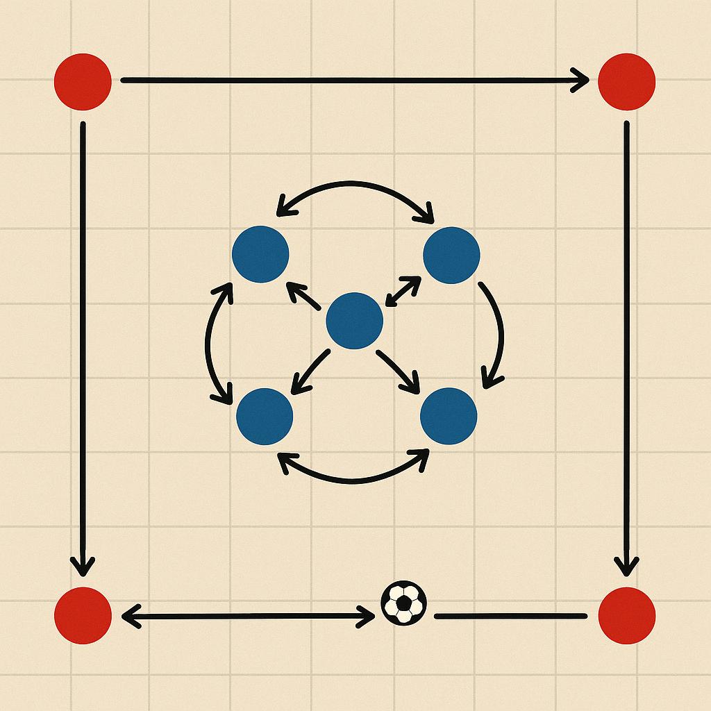 A tactical diagram showing a square grid with an attacking team passing the ball around the outside. Inside the grid, a defensive team of 4-6 players maintains a compact, shifting shape, moving collectively as the ball circulates. Arrows indicate the ball movement and the coordinated defensive shift. No attackers are inside the grid.