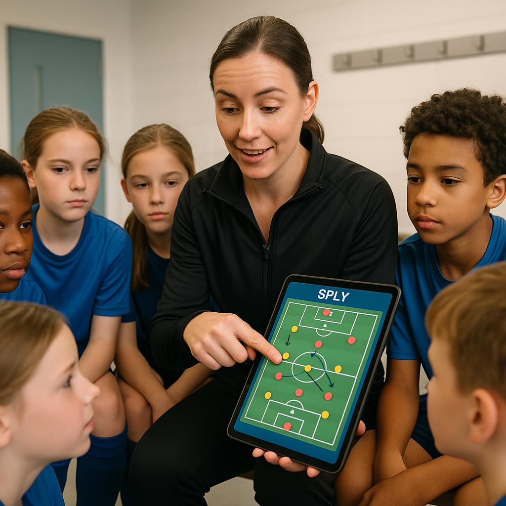 A diverse group of youth soccer players (boys and girls) attentively gathered around a modern, engaged coach (male or female) who is pointing to a tablet displaying the SPLY app. The tablet screen shows a soccer field with colored markers indicating player positions and arrows illustrating a basic team formation or movement. The setting is a brightly lit, indoor meeting room or locker room, with a subtle background suggesting a soccer facility. The purpose of this image is to visually represent how a digital coaching tool like SPLY can facilitate clear communication of team roles and dynamics, helping players understand their strategic importance.