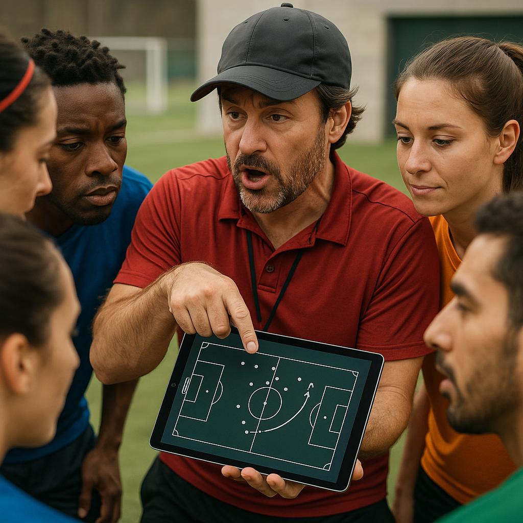 A diverse group of soccer players (youth or amateur adults, male and female) are gathered around a passionate coach, who is holding a tablet displaying a detailed tactical diagram of a soccer corner kick routine. The coach is pointing at the screen, engaged in an animated explanation, with a focus on player movement and ball trajectory clearly visible on the tablet. The players are attentive, some nodding, demonstrating active learning. The background is a training pitch or a locker room, suggesting a practical coaching session. The image style is realistic and vibrant, emphasizing the modern, interactive nature of coaching with technology. This image illustrates the value of visual learning and the practical application of tools like the SPLY app in teaching complex tactical concepts to a team.