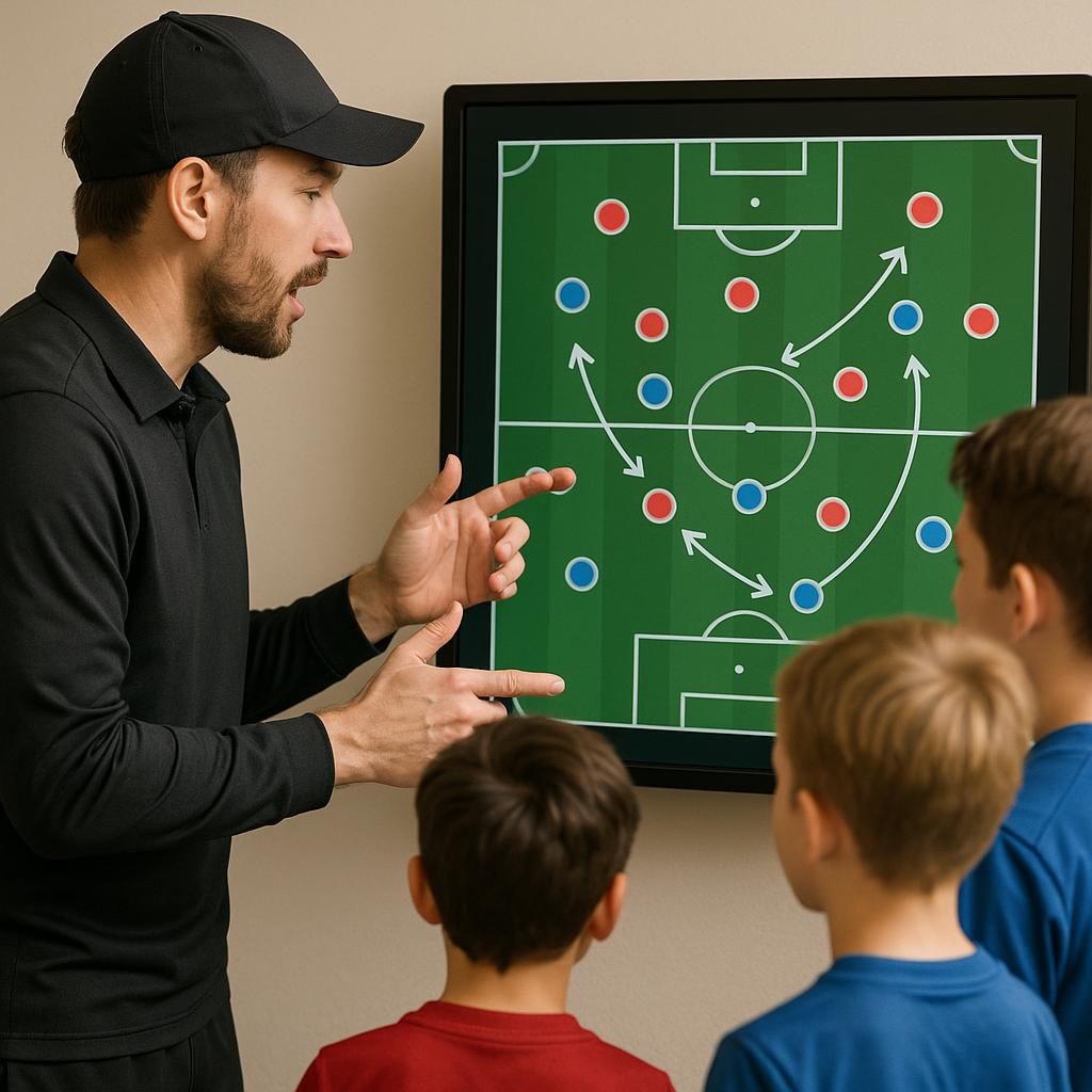 A soccer coach, seen from a slight angle, enthusiastically explaining a tactical diagram on a large digital touch-screen or tablet to a small group of attentive young soccer players. The screen displays a dynamic soccer formation with arrows indicating player runs and passes, representing a tool like SPLY. The style is modern and educational, emphasizing engagement and clear communication of complex tactics.
