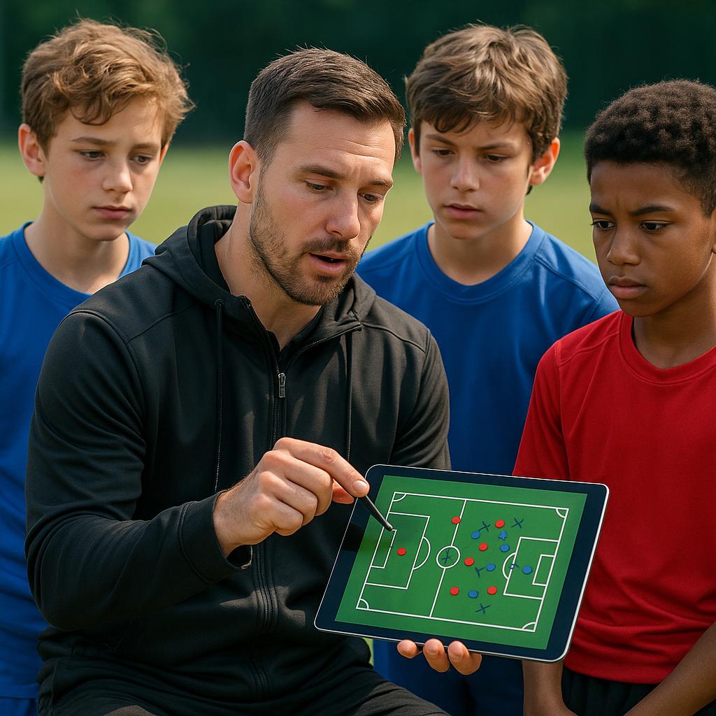A modern soccer coach uses a tablet displaying a tactical diagram (e.g., a corner kick routine) to explain a play to a group of attentive young soccer players. The players are looking intently at the tablet, reflecting clear understanding and engagement. The scene emphasizes the effectiveness of visual learning over purely verbal instructions. Style: Realistic, vibrant, modern. Context: Illustrates how visual aids aid comprehension in youth soccer training. Purpose: To visually reinforce the article's core argument that young players benefit immensely from seeing concepts.