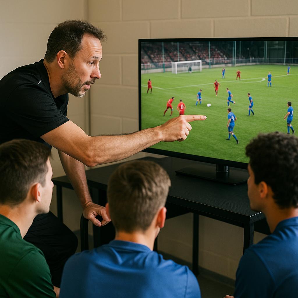 An amateur soccer coach and a small group of players (2-3) gathered around a large tablet or monitor, intensely watching and discussing a video playback of a soccer match. The coach is pointing at the screen, highlighting a specific play or player movement. The players look engaged and focused, perhaps nodding in understanding. Style: Realistic, contemporary photography with good lighting. The setting should evoke a team meeting room or a casual training facility. The focus should be on the interaction and the visual learning. Context: This image serves to visually represent the shift from traditional, observational coaching to modern, objective video analysis. It shows the practical application of reviewing game footage to understand performance. Purpose: To immediately convey the core concept of the article – video analysis in amateur soccer – and illustrate the collaborative, insight-driven aspect of reviewing game footage. It sets the scene for the benefits discussed in the following sections.