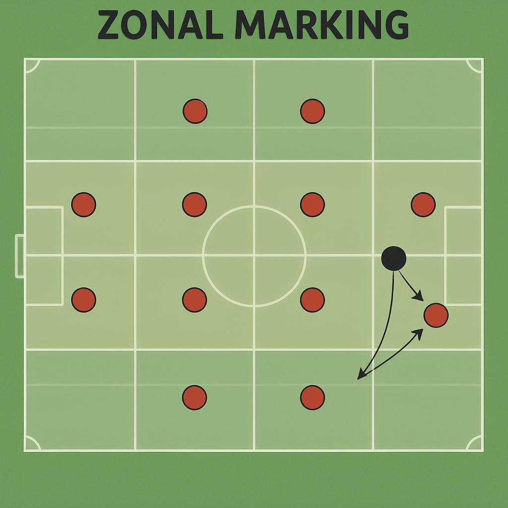 A tactical football diagram illustrating the concept of zonal marking. The image shows a simplified half-pitch view with a defensive team (e.g., 4-4-2 formation) and invisible, faintly outlined defensive zones covering the width and depth of the pitch. Players are positioned within their respective zones. An attacking opponent is shown moving from one zone into an adjacent one, with arrows demonstrating the seamless 