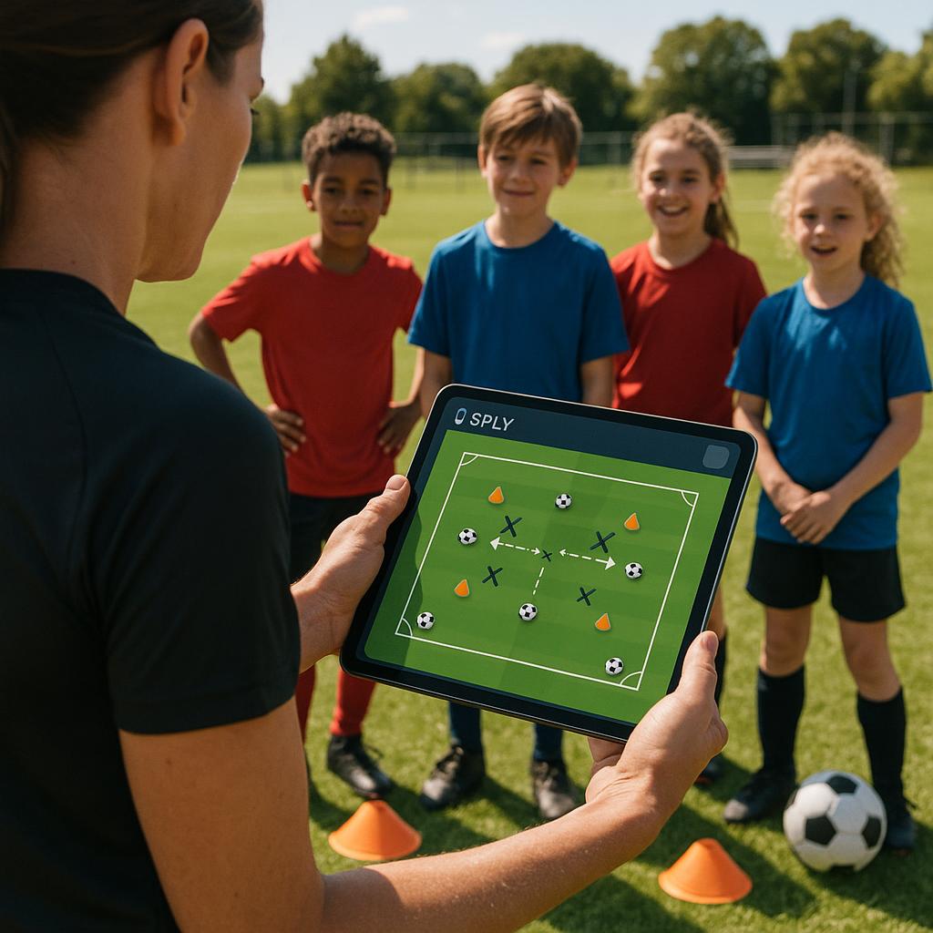 A dynamic scene on a sunny outdoor soccer field. A male or female coach, dressed in training gear, is holding a tablet displaying the SPLY app. The app shows a detailed diagram of a soccer drill with cones, balls, and player movement lines clearly marked. A small group of energetic soccer players (mixed ages or youth) are positioned nearby, looking at the tablet with keen interest, ready to begin the drill. Cones and soccer balls are scattered on the grass in the foreground or background, suggesting an active training environment. The purpose of this image is to illustrate how coaches can effectively use digital tools like SPLY to design, visualize, and explain complex training drills, making sessions more organized and engaging for players.