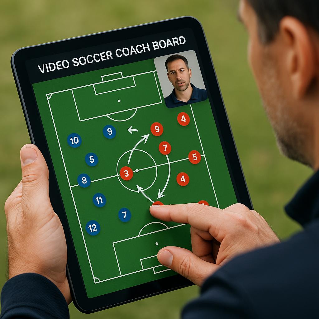 A close-up shot of a coach's hands interacting with a 'video soccer coach board' app on a tablet. The screen shows a soccer field diagram with player icons being moved dynamically, illustrating a tactical play. The coach's face is partially visible in a small overlay on the screen, suggesting a video recording feature. This image highlights the interactivity and modern capabilities of coaching tools like SPLY. Style: Clean, professional, technology-focused, with a bright screen display. Context: Showcasing the practical application of digital visual aids in coaching, specifically linking to the features of the SPLY app. Purpose: To demonstrate a coach actively utilizing a modern digital tactical board, connecting directly to the mention of tools like SPLY and their functionality, and illustrating the 