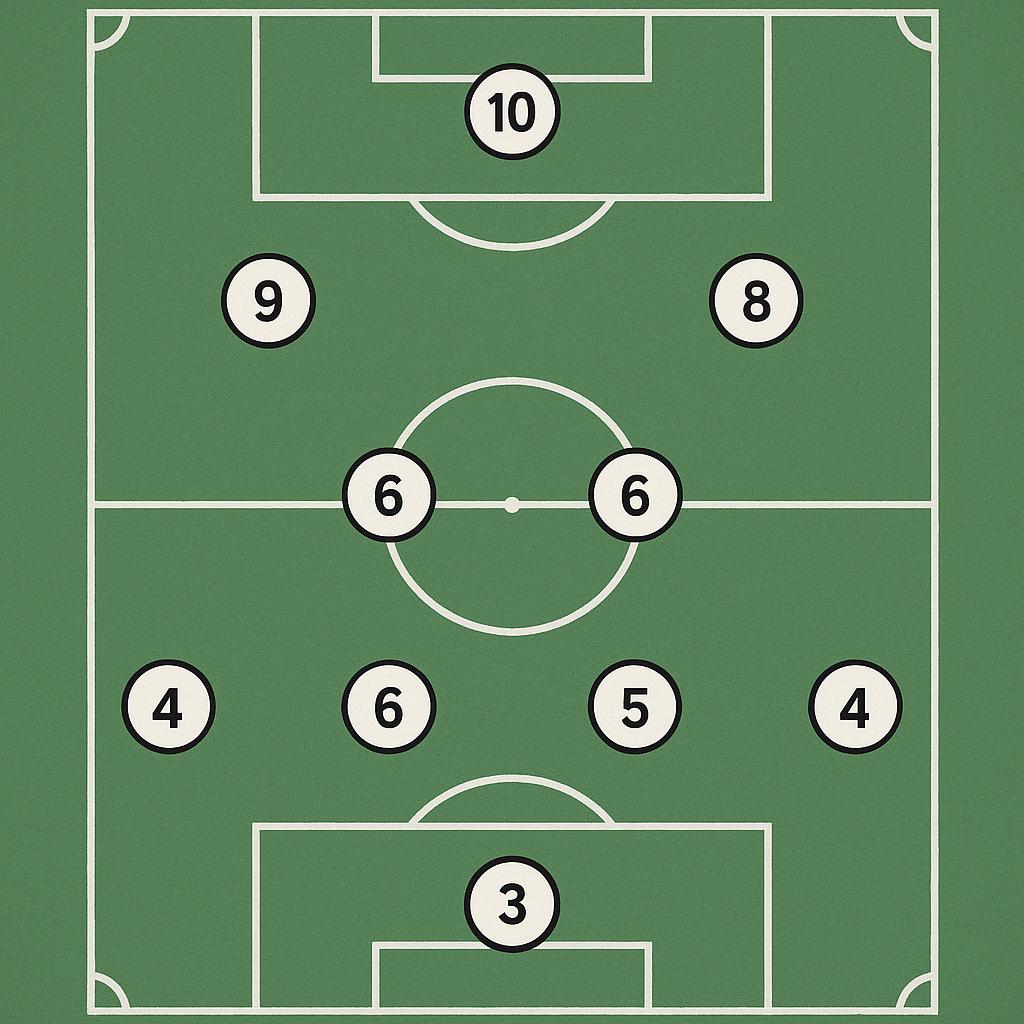 A top-down, clean diagram of a soccer field, showing 10 players arranged in a clear 4-4-2 formation. Four defenders are in a line, followed by four midfielders, and two forwards positioned higher up. Players are represented by simple numbered circles or icons, making it easy to visualize the setup. The style is illustrative and educational, resembling a coaching board. This image serves to visually explain the numerical concept of a formation.