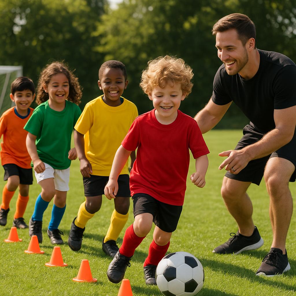 A group of diverse young children, aged approximately 6-8, in various colored soccer uniforms, participating in a very simple and fun drill on a sunny green soccer field. A friendly, encouraging coach is present, gently guiding them. The image should convey joy and a relaxed learning environment, emphasizing the early stages of soccer development.
