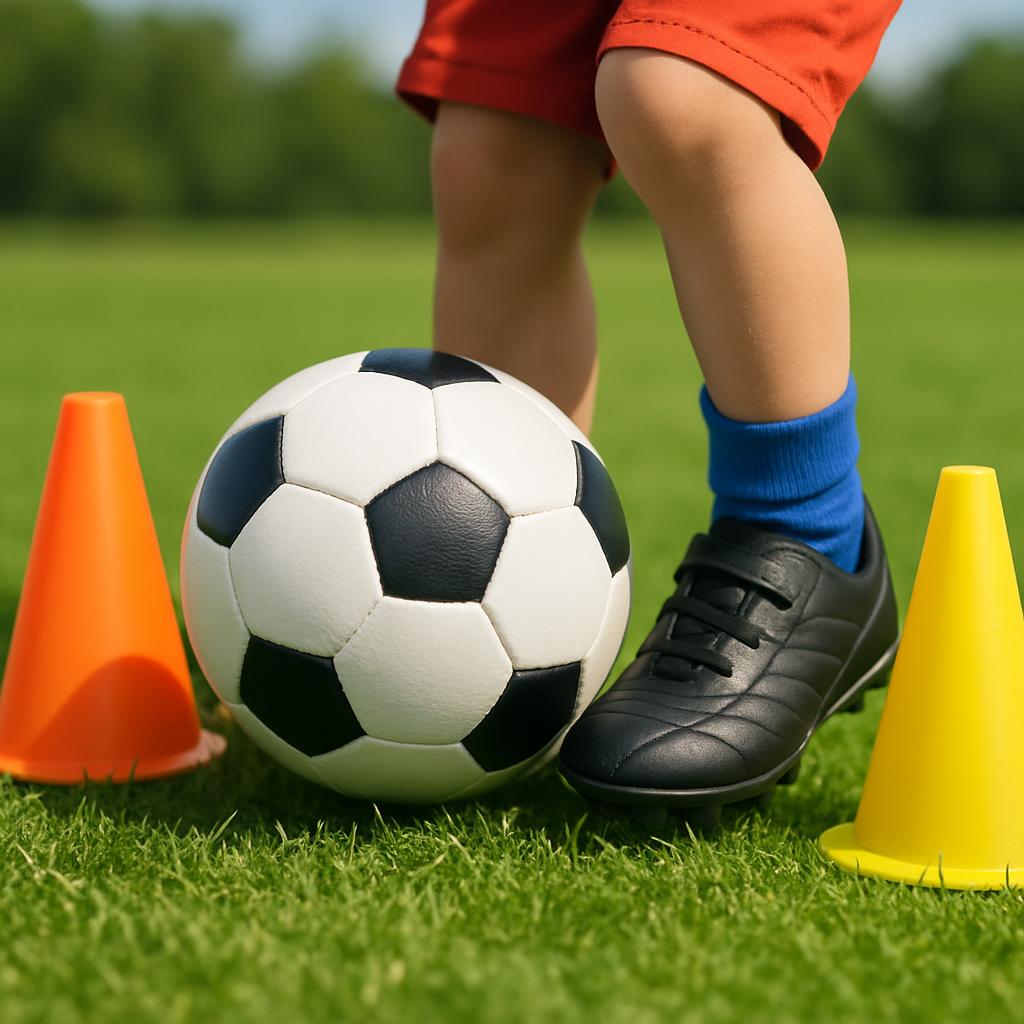 A close-up, low-angle shot of a child's feet (wearing small soccer cleats) gently tapping a soccer ball forward between two brightly colored training cones on a vibrant green grass field. The focus is on the ball and the feet, illustrating a basic dribbling technique. The image should be clear, bright, and simple, representing the foundational skills taught in beginner soccer.