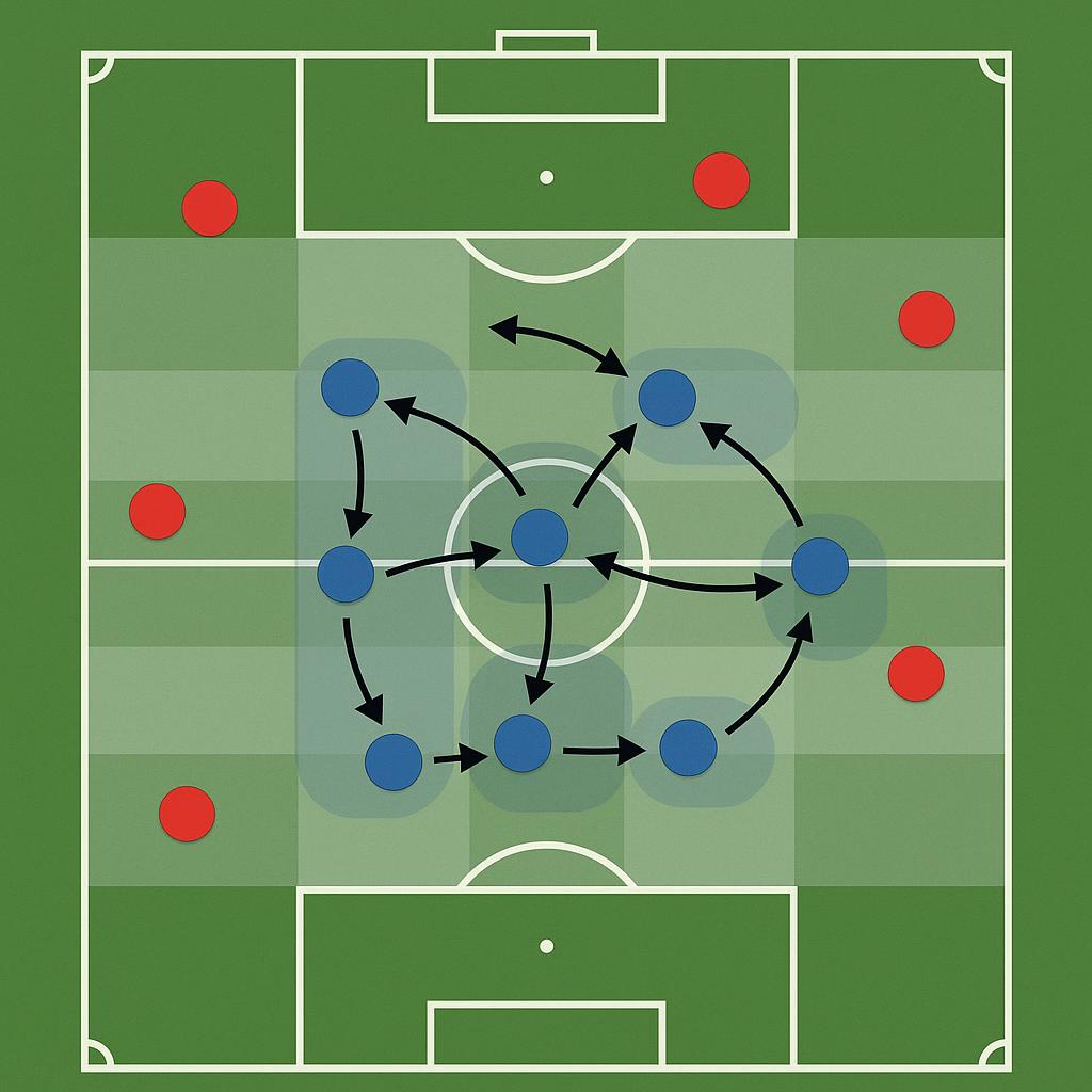 An overhead tactical diagram of a football pitch illustrating zonal marking. A team in blue is defending against a team in red. The blue defenders are positioned in a compact formation, each covering a specific, designated zone (indicated by subtle shaded areas). Arrows show how defenders collectively shift as a unit across the pitch to maintain their defensive shape and pass on responsibility for attackers moving between zones. The style should be clean and clear, using contrasting team colors and subtle zone indicators, emphasizing collective defensive shape and space coverage.