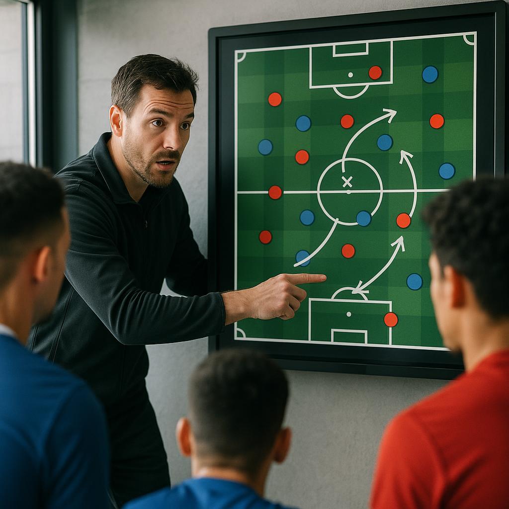 A dynamic, realistic image showing a soccer coach, mid-shot, actively explaining a tactical concept to a small group of attentive players. The coach is gesturing towards a large digital tactical board (resembling a modern tablet or screen) which displays a clear, colorful soccer pitch diagram with player positions, movement arrows, and perhaps designated zones. The players are gathered around, looking engaged and focused on the board. The setting is likely a modern training facility or locker room, with good lighting to highlight the coach and the screen.