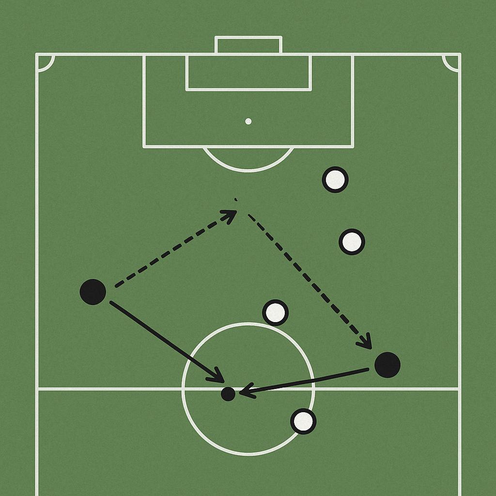 A tactical diagram of a half-pitch with a goal. Three attacking players are positioned, with one player wide with the ball. Another attacking player is making an overlapping run around the ball carrier, while a third attacking player moves into the penalty area to create space. One or two defenders attempt to cover. Arrows illustrate passing options and player movements.