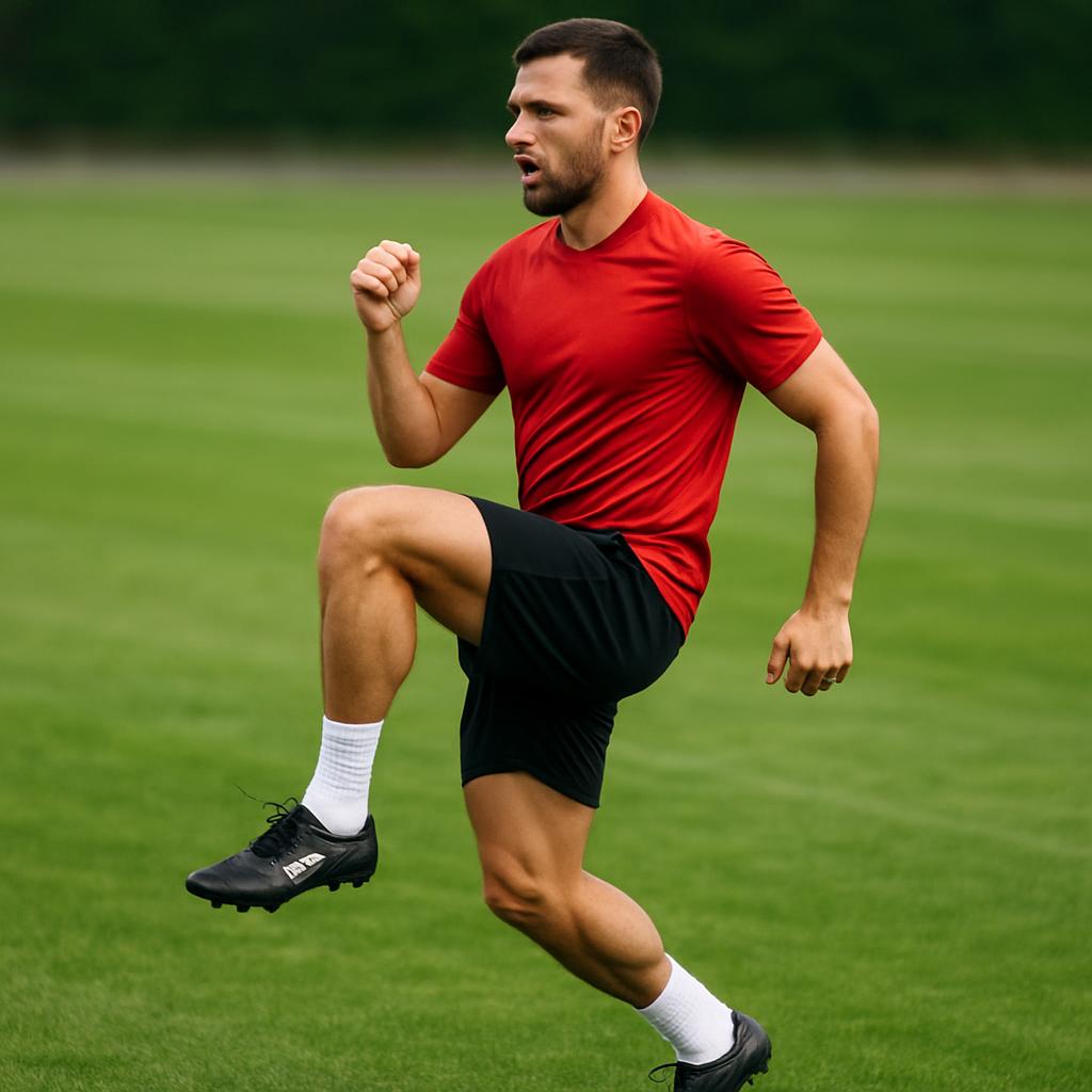 A male soccer player in athletic gear, on a vibrant green soccer field, is actively performing a dynamic warm-up exercise like a walking lunge or a high knee skip. The player looks focused and energetic, with motion blur subtly indicating movement. The style is realistic and dynamic, emphasizing the active preparation of the body. This image visually demonstrates the 