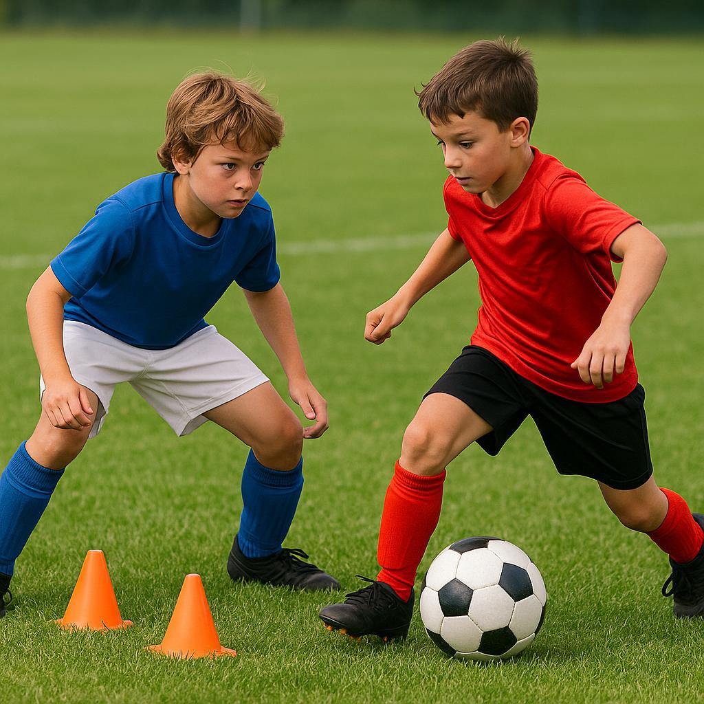 A U10 soccer player (defender) in a low, athletic stance, actively defending against another U10 player (attacker) who is dribbling a ball. They are positioned near two small cones forming a 'gate' on a green soccer field. The defender maintains proper body shape, facing the attacker with focus on the ball, demonstrating the 'Defending the Gate' drill and emphasizing individual pressure and delay. The style is realistic, action-oriented, and vibrant, suitable for a coaching guide.