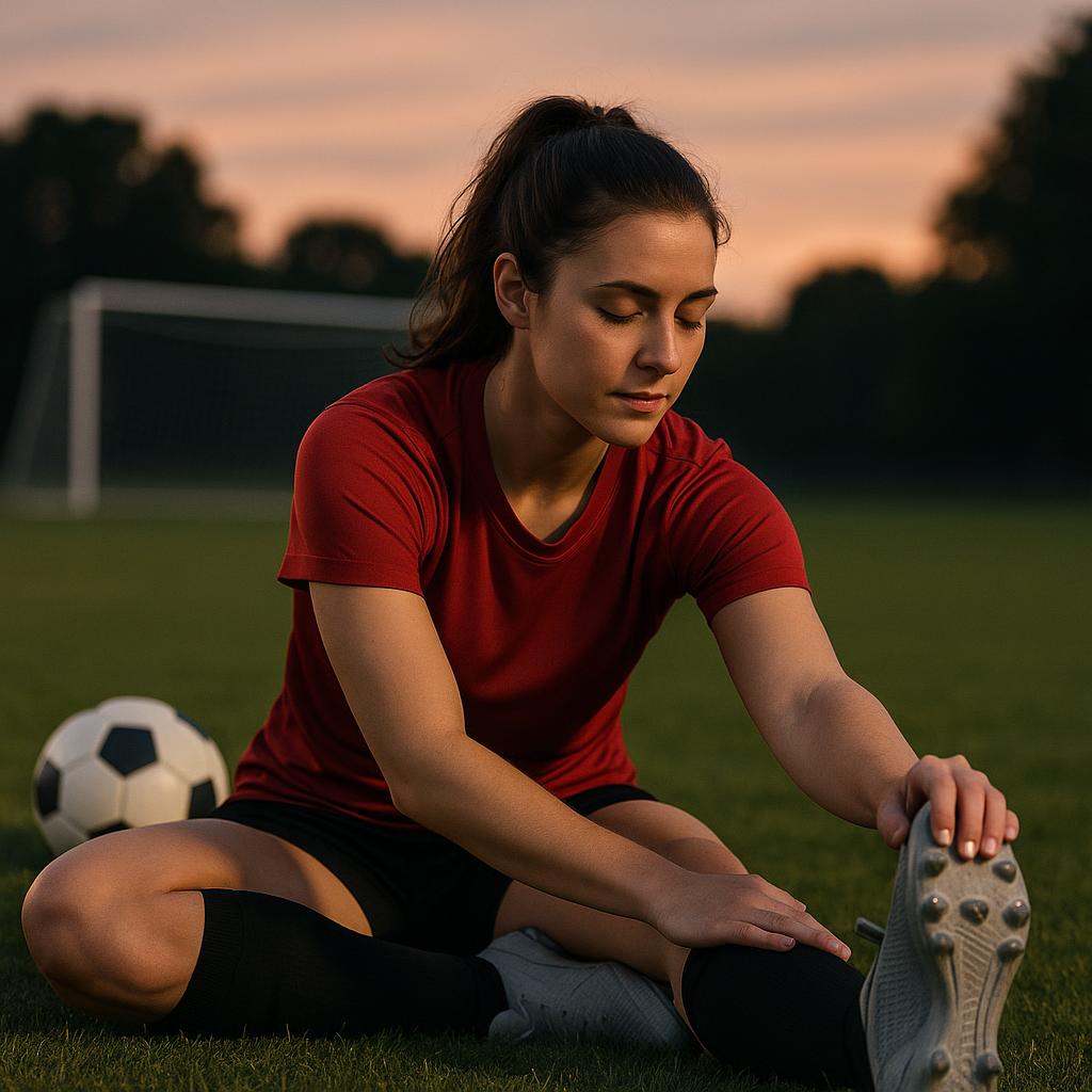 A female soccer player in athletic gear is performing a static hamstring stretch on a soccer field at dusk, implying the end of a training session. She is seated or standing, gently holding the stretch, with a calm and focused expression. The lighting is soft, creating a serene and reflective atmosphere. This image visually represents the 