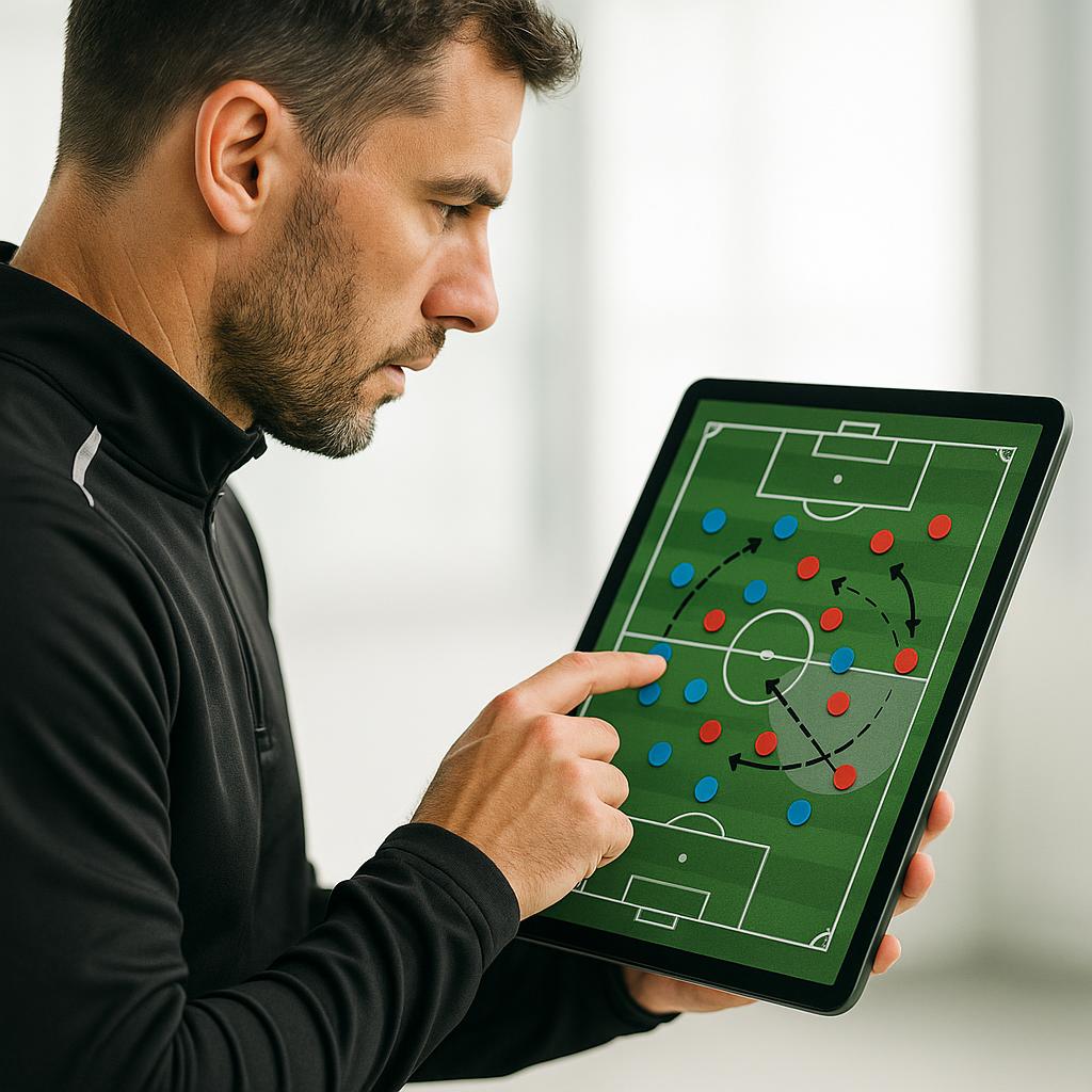 A professional soccer coach, dressed in athletic wear, actively interacting with a virtual soccer board application on a modern tablet. The coach is looking intently at the screen, which displays a complex soccer drill or a detailed set-piece strategy with multiple player icons, various types of arrows for movement and passes, and strategic zones highlighted. One of the coach's hands is positioned near the screen, suggesting interaction or explanation. The setting is bright and professional, possibly on a training ground or in a team meeting room. The image's purpose is to illustrate a coach's direct engagement with the virtual tool, emphasizing its practical application in real-world coaching scenarios for detailed tactical planning and instruction.