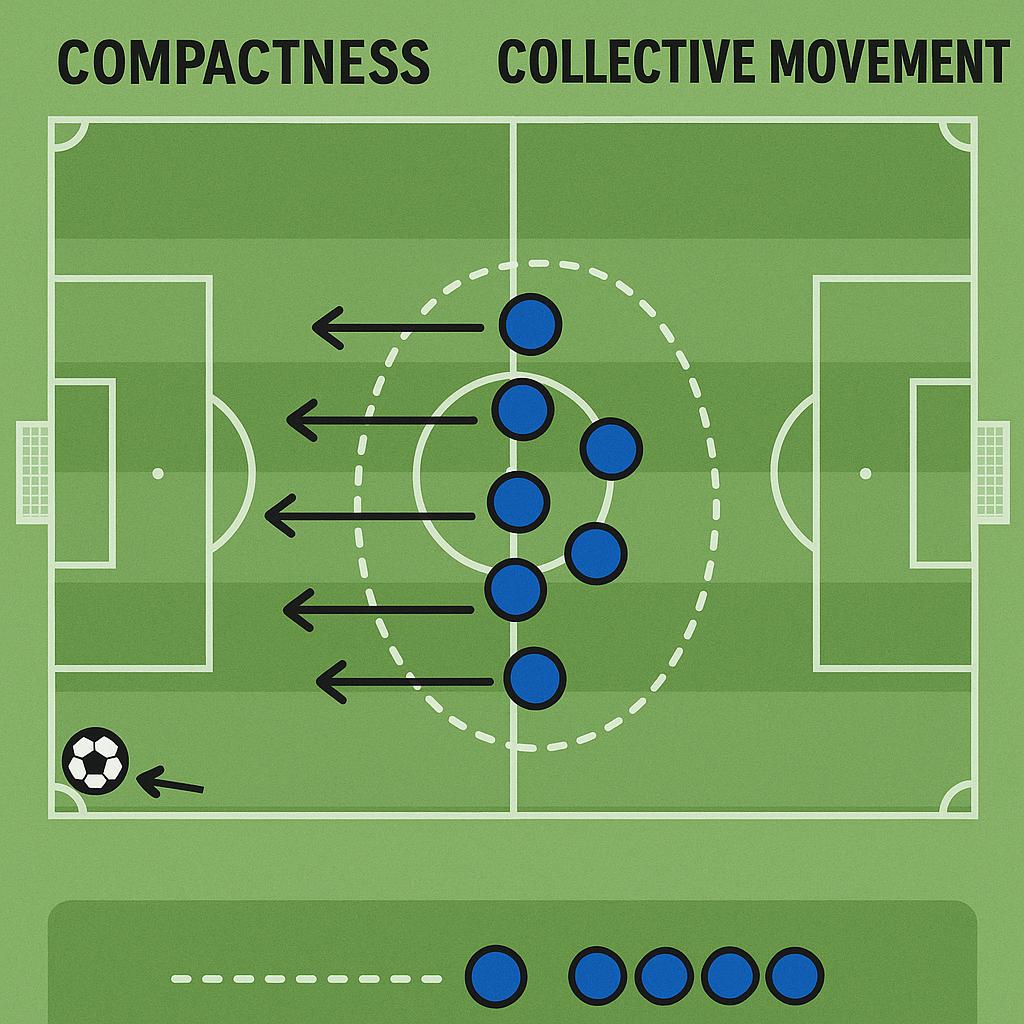 A tactical football diagram illustrating the principles of 'compactness' and 'collective movement' in zonal marking. The image shows a defensive unit (e.g., a back four and two central midfielders) on a football pitch. The ball is positioned on the wide left flank, and the entire defensive block is depicted as having shifted cohesively towards that side, maintaining a tight, narrow shape. Arrows indicate the synchronized lateral movement of all players within the defensive unit, emphasizing that they move as one cohesive block to deny space and maintain structural integrity. The diagram highlights the lack of large gaps between players, showcasing the compactness of the defensive shape. The style is clear, digital, and designed to visually explain synchronized team defense.
