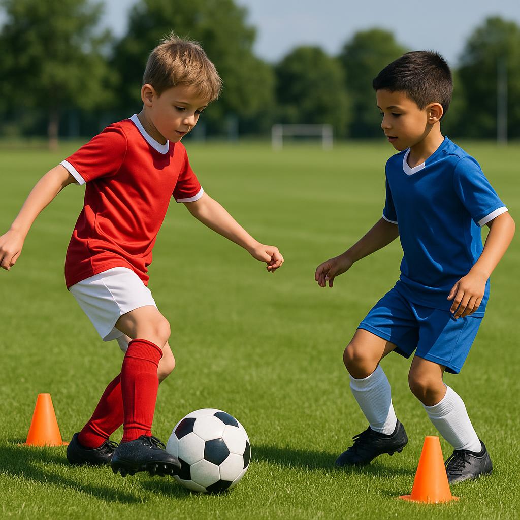 Image content: Two young soccer players, approximately 8-10 years old, performing a passing drill on a well-maintained green soccer field under clear skies. One player is in the process of passing the ball with the inside of their foot to the other player who is receiving it. Cones are set up to define a small training area. The players are dressed in youth soccer uniforms. Style: Realistic, vibrant, and action-oriented photography, capturing the natural movement and joy of youth sports. Context: This image visually represents the foundational passing drills described in the article, illustrating the 'Tick-Tock' or 'Passing Gates' concept. Purpose: To provide a clear visual example of a fundamental soccer skill being taught, enhancing the reader's understanding of the drills and making the instructional content more engaging and relatable for coaches and parents.